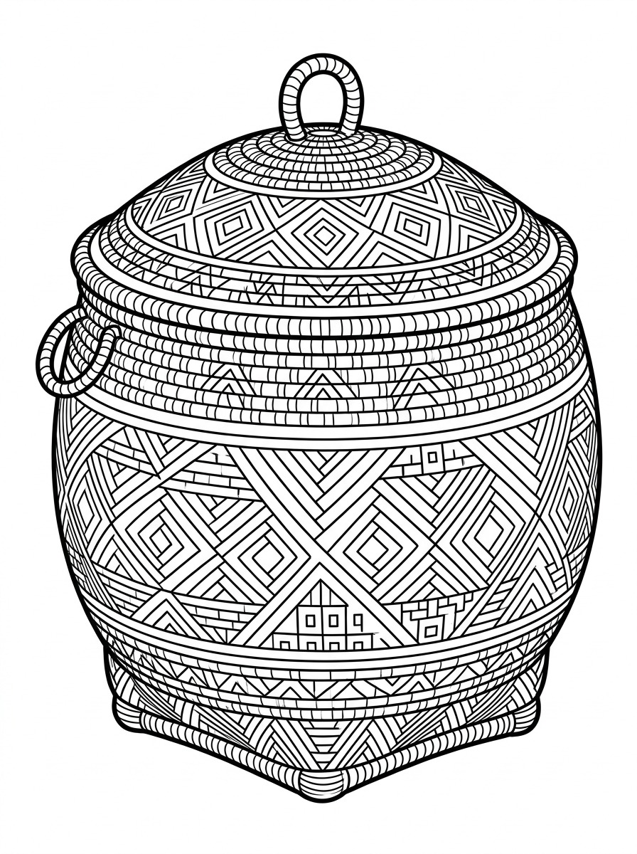 Desenho de Cesto Urumutu Baniwa (Trançado em Fibra de Arumã) para colorir