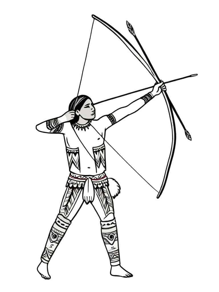 Desenho de Guerreiro Indígena com Arco e Cocar para colorir