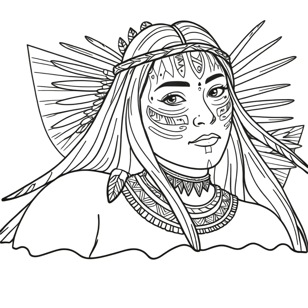 Desenho de Índia com Cocar Cerimonial e Colar de Sementes para colorir