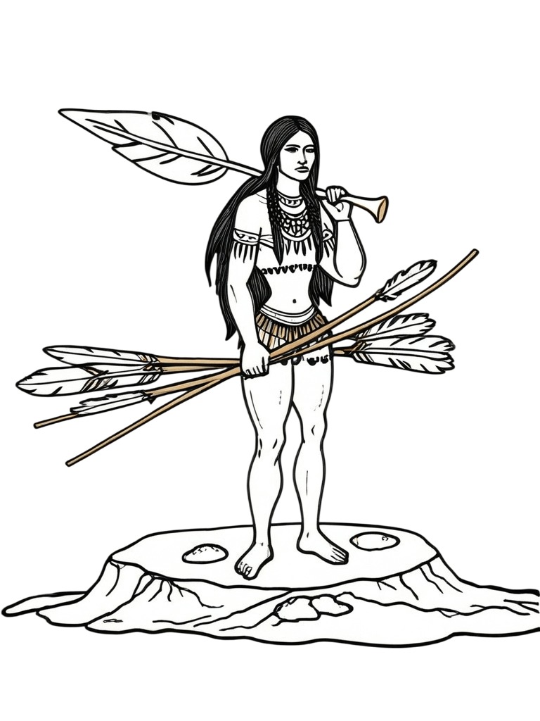 Desenho de Mulher Indígena Coletando Fibras e Folhas na Floresta para colorir