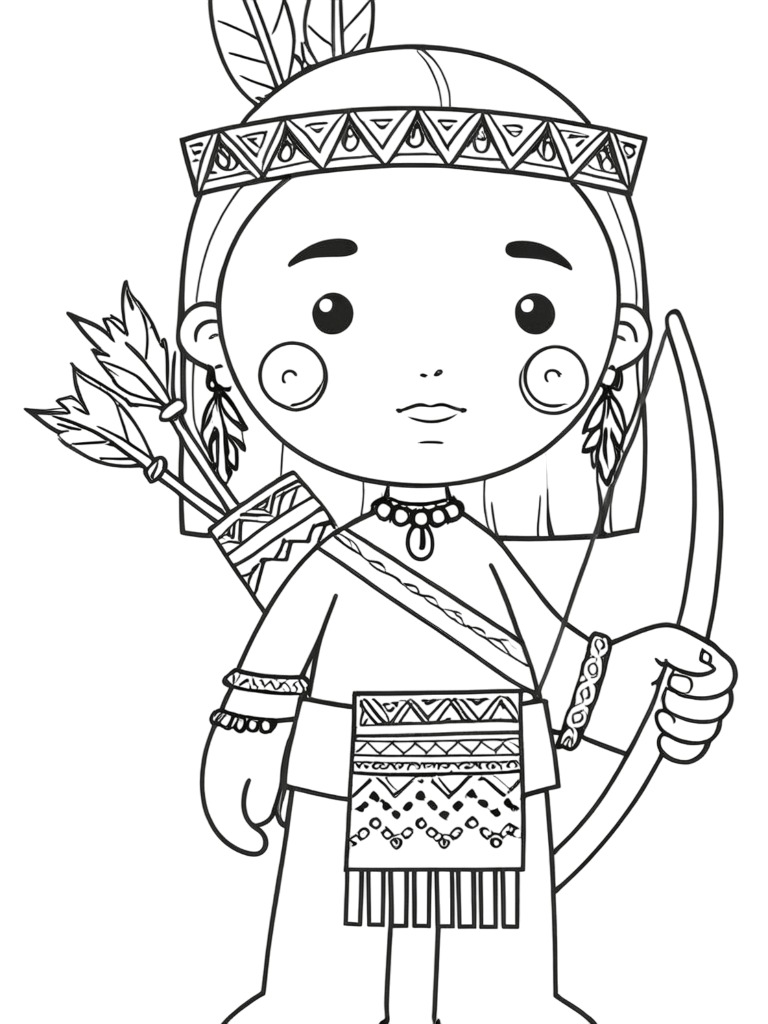 Desenho de Jovem Guerreira Indígena com Arco e Aljava para colorir