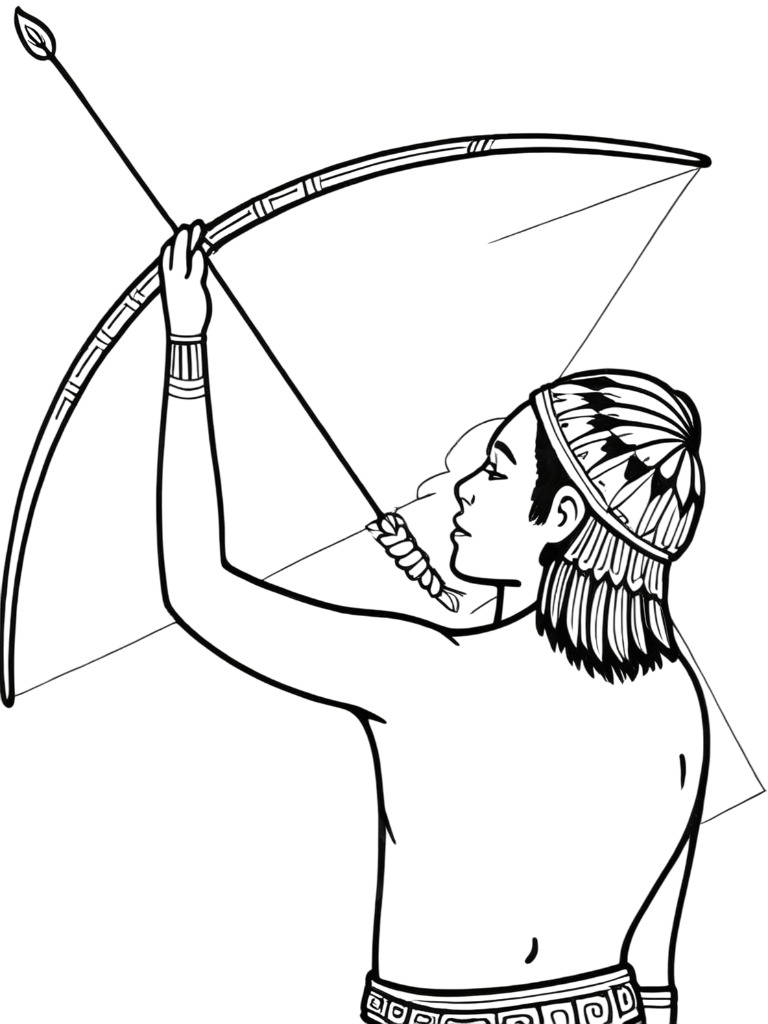 Desenho de Indígena Exibindo o Arco e Flecha Tradicional para colorir