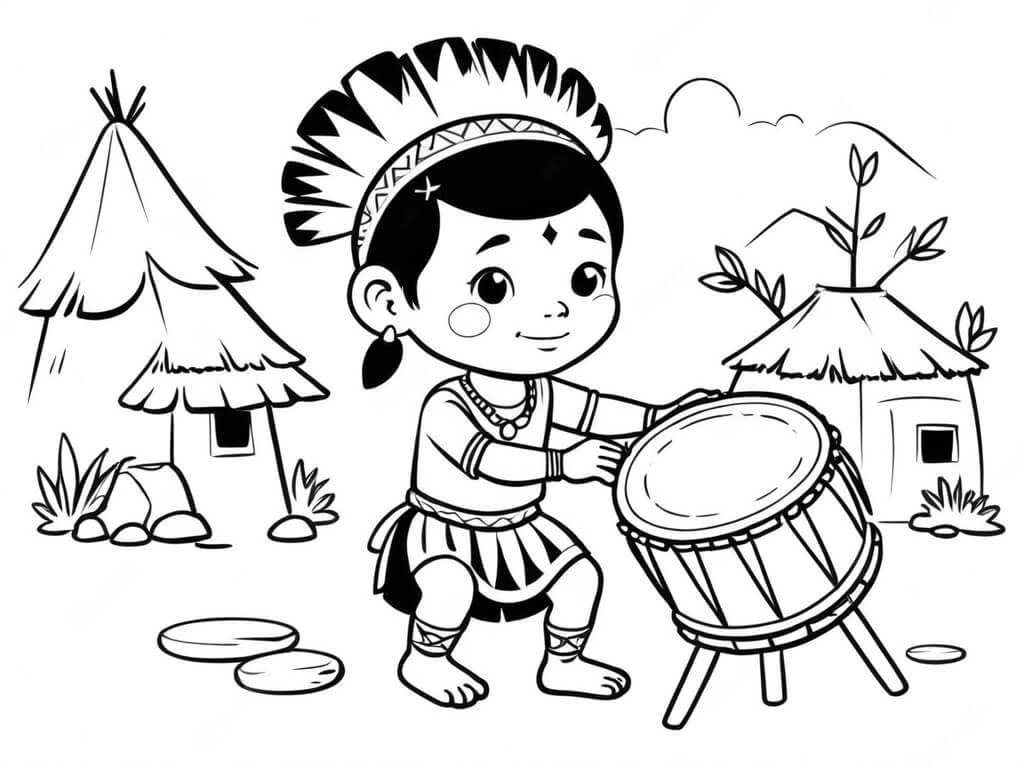 Desenho de Músico Indígena com Tambor e Maracá em Ritual para colorir