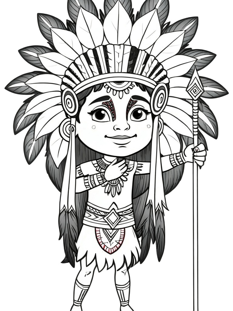 Desenho de Liderança Tradicional (Cacique) com Cocar Monumental para colorir