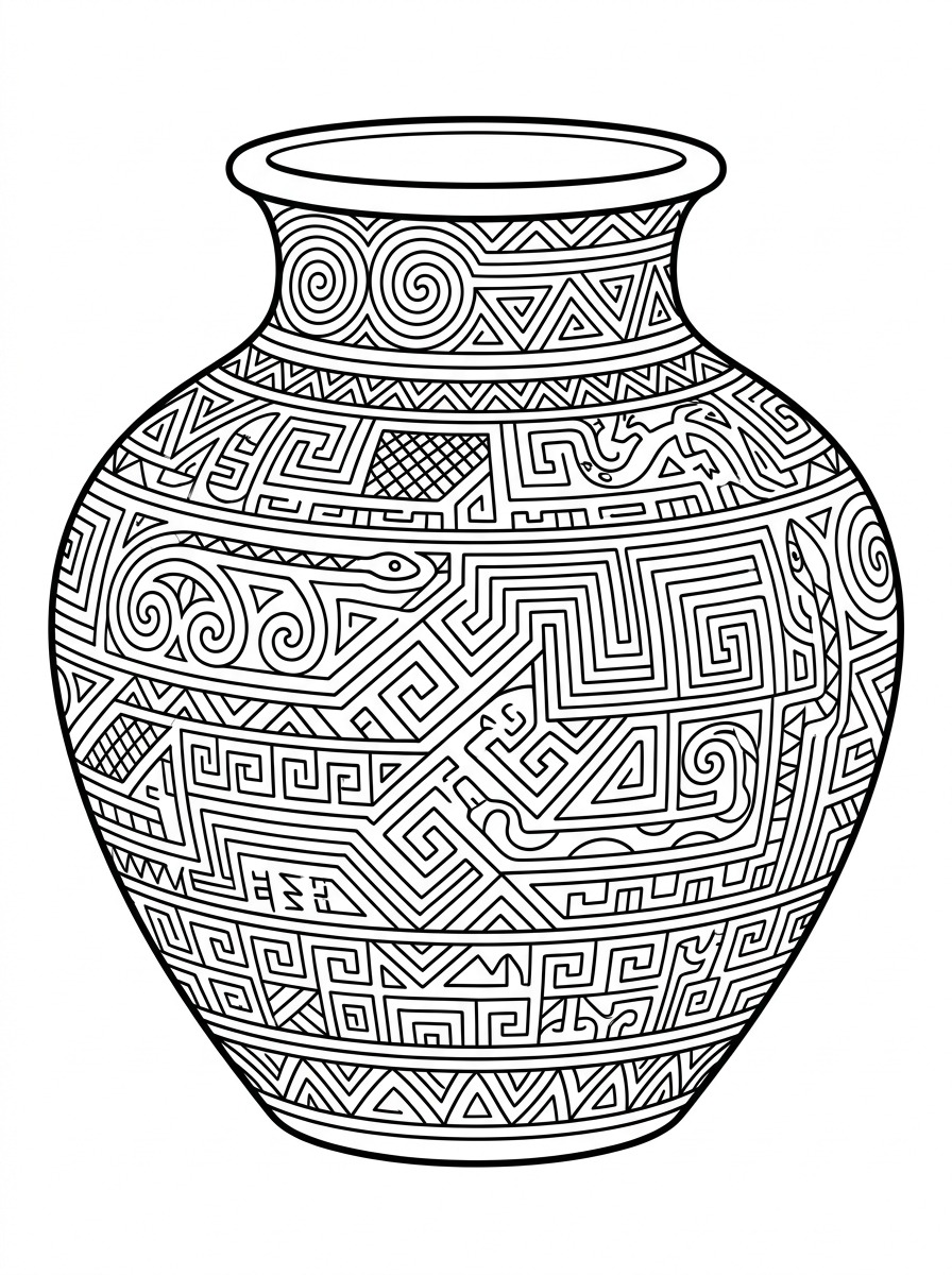 Desenho de Vaso Cerâmico Marajoara com Grafismos Arqueológicos para colorir